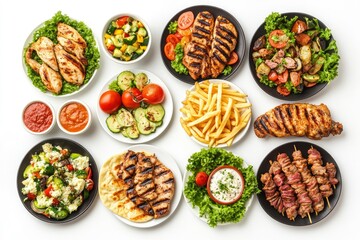 Set of various plates of food, top view, isolated on white background. with generative ai