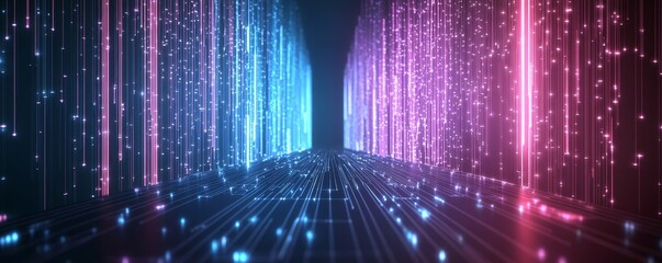 Abstract digital background with glowing blue and pink lines.