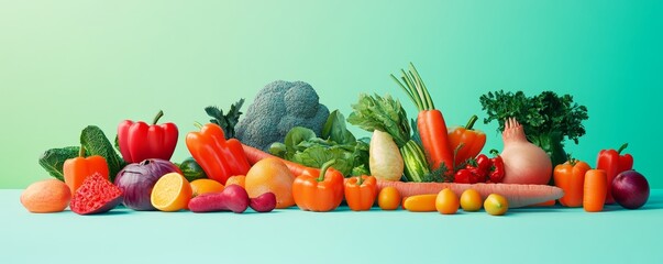 Assortment of fresh colorful vegetables on a green background.