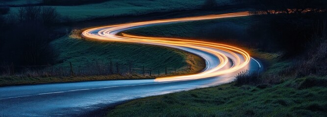 A Winding Country Road Illuminated by Streaks of Light from Passing Cars at Night