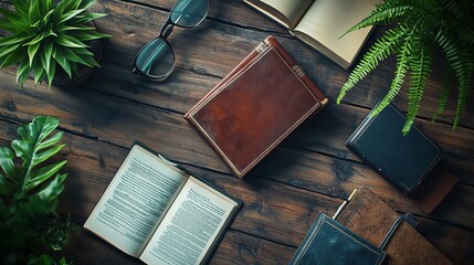 Flat lay of a wooden table with books, glasses and plants.
