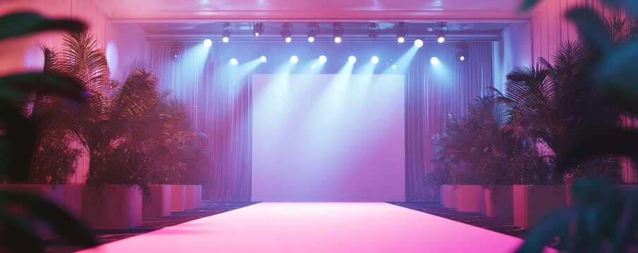 Empty stage with pink lighting and potted plants.