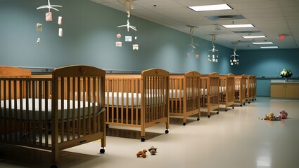 A series of cribs lined up in a hospital room, ready for newborns and their care. GENERATIVE AI
