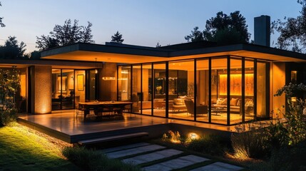 Modern Home with Illuminated Patio and Landscape
