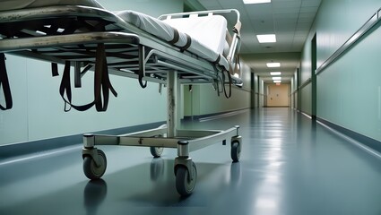 Empty Hospital Gurney in a Dimly Lit Clinic Hallway &ndash; Medical Urgency and Healthcare Concept. GENERATIVE AI