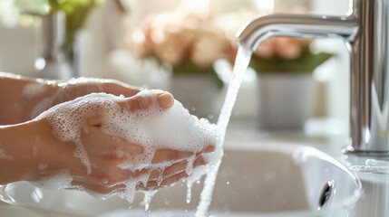 Fototapeta premium Hands covered in foamy soap are being washed under running water in a bright bathroom, emphasizing hygiene, cleanliness, and daily care routines.