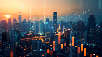 Fototapeta premium Infographic overlay on a cityscape, showing real estate trends, price fluctuations, and investment hotspots, providing a market overview