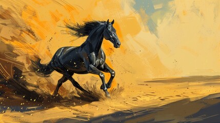 Black Stallion Running Through Desert.