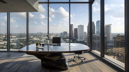 Fototapeta premium Houston Horizons: An industrial-chic desk perched atop a high-rise balcony, offering panoramic views of Houston's bustling skyline