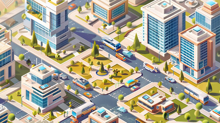 Isometric pastel office park with cute modern buildings surrounded by small parks and tiny cars