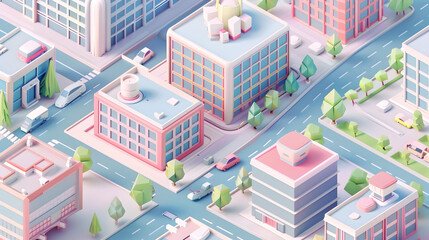 Fototapeta premium Isometric pastel office park with cute modern buildings surrounded by small parks and tiny cars