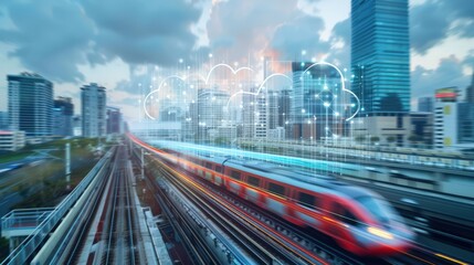 Fototapeta premium A train is speeding down a track with a city in the background