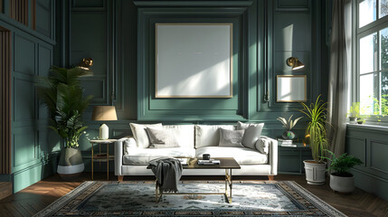 Living room with customizable picture frame, generative ai