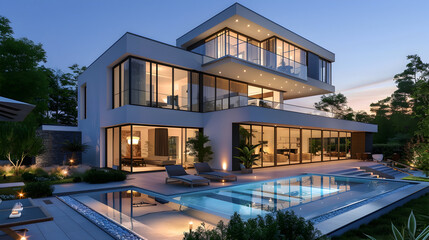 Obraz premium Modern luxury villa with pool and garden at blue hour, generative ai