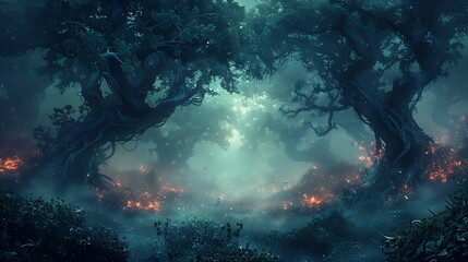 Obraz premium A dark and mysterious swamp with twisted, gnarled trees and eerie glowing plants, fog swirling around, and hidden creatures lurking in the shadows, a spooky and magical atmosphere,