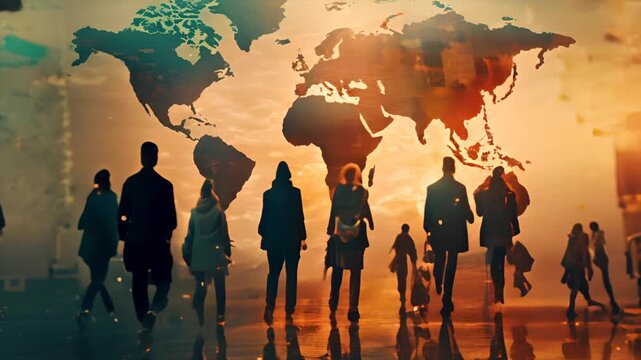 Silhouetted people before a luminous global map