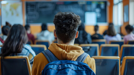 Rear view of university students with teacher studying indoors, coronavirus and back to normal concept.