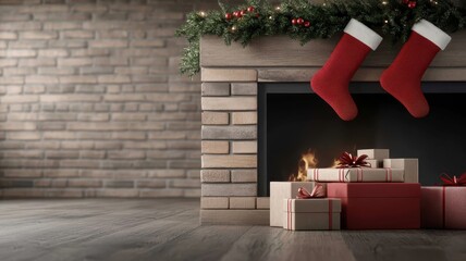Obraz premium Traditional brick fireplace adorned with Christmas decorations.