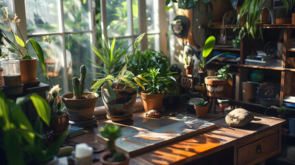 Nature-Inspired Desk: A desk covered with potted plants, nature-themed accessories, and a hand-painted rock near the corner, evoking a peaceful outdoor atmosphere