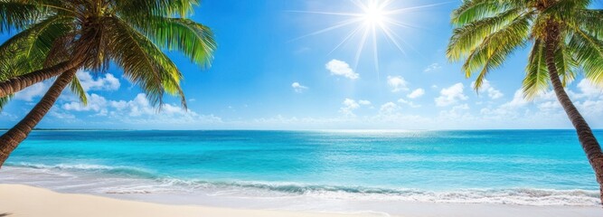 Tropical Beach with Palm Trees and Bright Sunlight