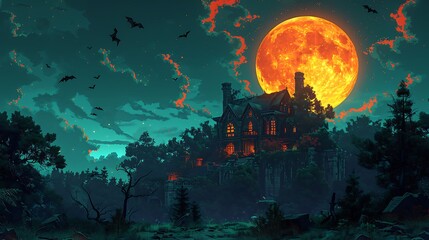 A haunted mansion atop a hill, with creepy, gnarled trees and bats flying against a full moon, broken windows and an overgrown garden, a spooky and mysterious scene, whimsical cartoon style,