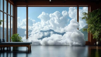 Naklejka premium Pilates studio transforming into ethereal landscape with floating reformers.