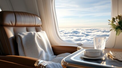 Luxurious first-class airplane cabin with spacious leather seats and panoramic window.