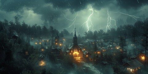 Village with church in the rain. Summer rural landscape with old houses at thunderstorm. Lights in windows