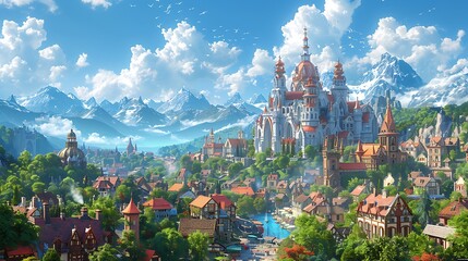Fototapeta premium A magical city with soaring spires, floating ships, and diverse inhabitants, bustling streets filled with market stalls, vibrant architecture, and magical creatures,