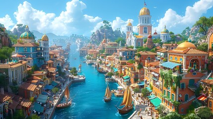 Obraz premium A magical cityscape with soaring spires, floating ships, and a diverse population of humans, elves, and magical creatures, bustling streets filled with market stalls and colorful buildings,