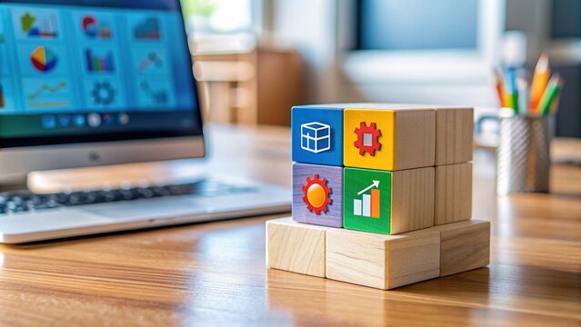 Colorful wooden block on a desk displays a virtual screen with Extracts, Transforms, and Loads icons, illustrating the ETL process concept in data integration.
