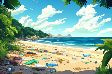 Tropical beach with vast quantity of plastic litter, close-up, 3d rendering, generative ai