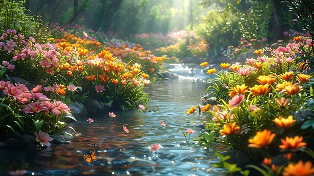 A magical garden scene with vibrant flowers, butterflies, and hidden creatures like fairies and gnomes, with a sparkling stream and lush greenery, under a bright sky,