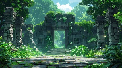 A magical jungle scene with ancient ruins, overgrown vines, and crumbling statues, hidden treasures glinting in the sunlight, surrounded by dense foliage and exotic plants,