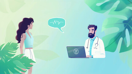 Doctor consulting with a patient in a tropical environment, digital illustration.