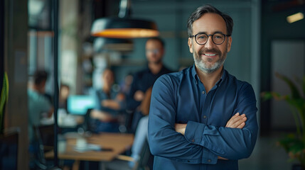 Obraz premium Smiling confident mature businessman leader looking at camera standing in office at team meeting. Male corporate leader ceo executive manager wearing glasses posing for business portrait arms folded.