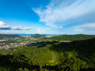 Fototapeta premium Aerial view drone shot of Mountains Forest trees nature environment background