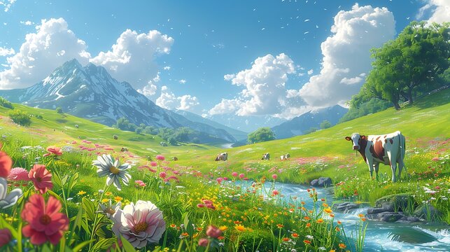 A magical landscape of rolling hills and meadows, covered in colorful wildflowers, with grazing cows and a winding river, under a sunny sky with soft clouds, a playful and idyllic cartoon style,