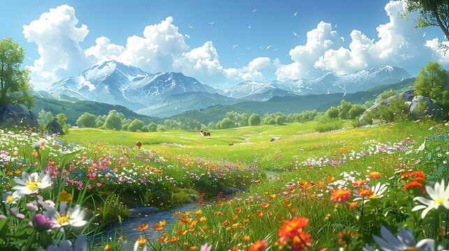 A magical landscape of rolling hills and meadows, covered in colorful wildflowers, with grazing cows and a winding river, under a sunny sky with soft clouds, a playful and idyllic cartoon style,