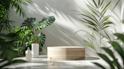 A white table with a wooden base and a few bottles of perfume on it