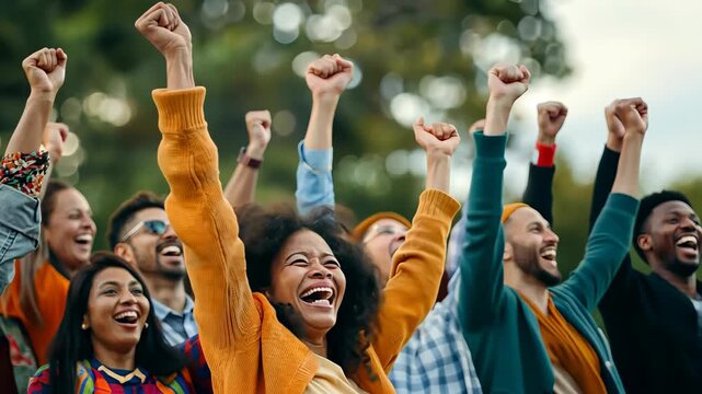 Group of Diverse People Celebrating Outdoors with Raised Hands and Smiles, 4k video