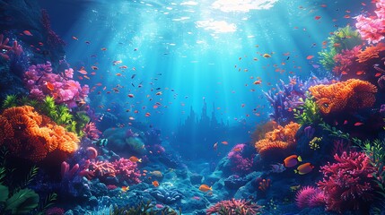 Obraz premium A magical underwater landscape featuring a colorful coral reef, schools of exotic fish, and a hidden mermaid city in the background, seaweed and plants swaying with the water,