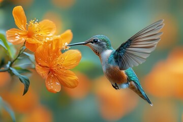 Naklejka premium Hummingbird Feeding on Orange Flowers