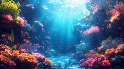Fototapeta premium A magical underwater landscape featuring a colorful coral reef, schools of exotic fish, and a hidden mermaid city in the background, seaweed and plants swaying with the water,