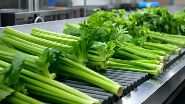 Fresh Celery Stalks on Industrial Conveyor Belt in Agricultural Processing Plant, 4k video