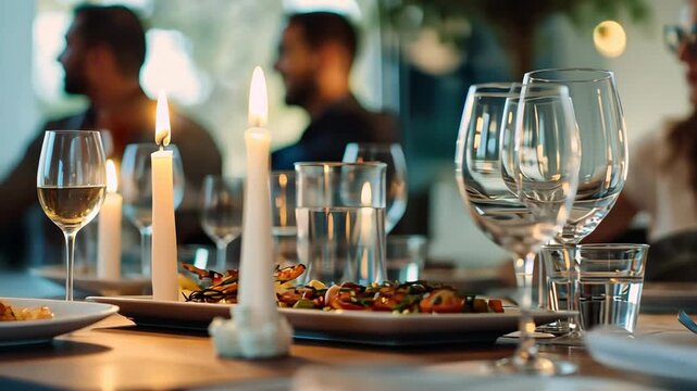 Elegant Dinner Party with Candlelight and Glassware Reflections, 4k video