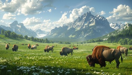 A serene landscape showcases majestic bison grazing in lush green meadows, surrounded by towering mountains and a bright blue sky, reflecting nature's beauty and tranquility.