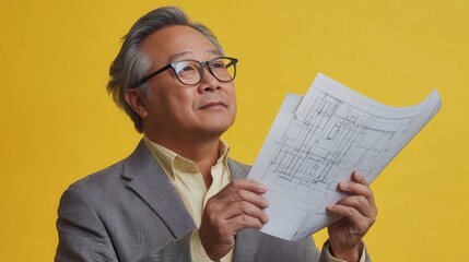 An architect examines architectural plans with focused expression and a bright yellow backdrop