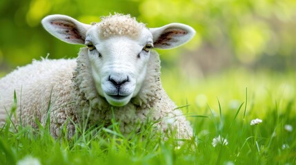 Fototapeta premium Close-up of a sheep in a field of grass.