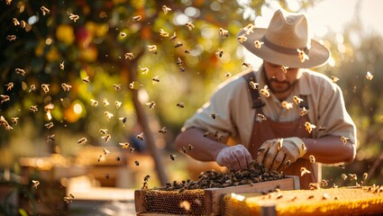 Obraz premium A Dedicated Beekeeper Skillfully Tends to Beehives Surrounded by Fluttering Bees Amidst a Lush and Vibrant Garden, Exuding an Atmosphere of Hard Work and Connection to Nature.